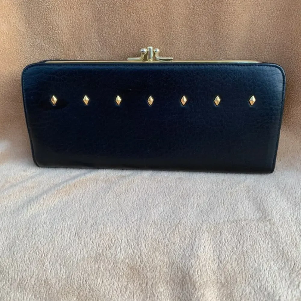 Vintage Baronet Wallet Kiss Clasp Metal Diamond Studs Navy Blue